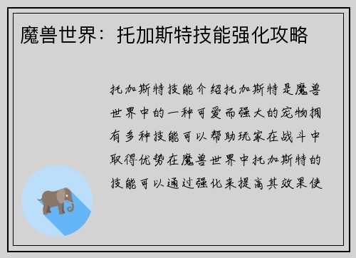 魔兽世界：托加斯特技能强化攻略