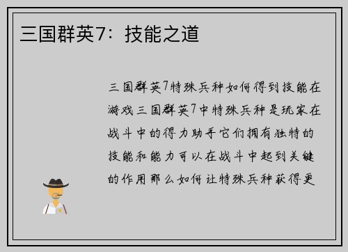 三国群英7：技能之道