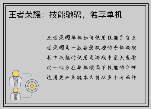 王者荣耀：技能驰骋，独享单机