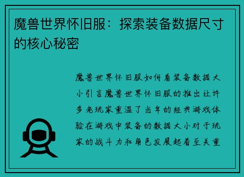 魔兽世界怀旧服：探索装备数据尺寸的核心秘密
